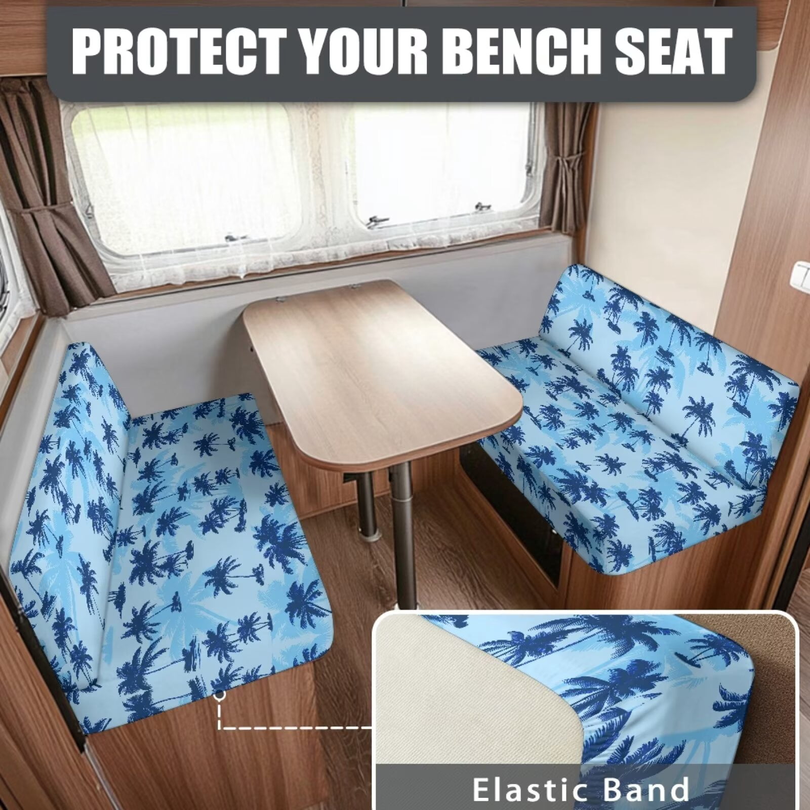Uorisanigo Blue RV Dinette Cushion Covers, Stretch Coconut Tree Camper Dinette Seat Cover, Replacement RV Seat Cover, Cushion Slipcovers for Camper Include 1 Backrest & 1 Bench Covers