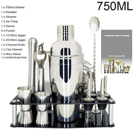 

750ml/600ml Stainless Steel Bar Cocktail Shaker Set Barware Tool Shaker Wooden Rack Set