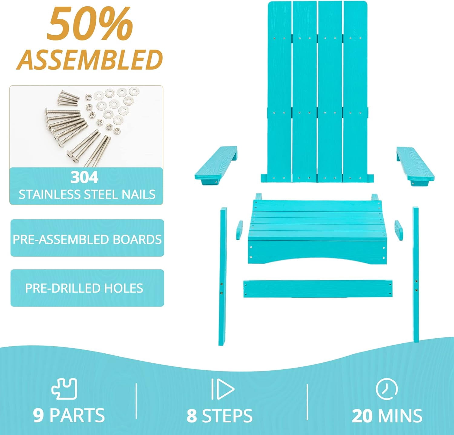 Dycanpo Folding Adirondack Chair, Hdps Poly Modern Outdoor Chair Weather Resistant, Aruba Blue