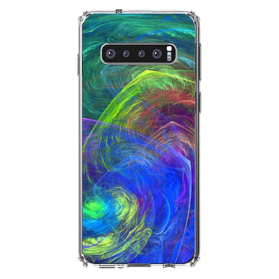 DistinctInk Clear Shockproof Hybrid Case for Samsung Galaxy S10  PLUS(6.4" Screen) - TPU Bumper, Acrylic Back, Tempered Glass Screen Protector - Abstract Color Light Swirl - Abstract Swirls