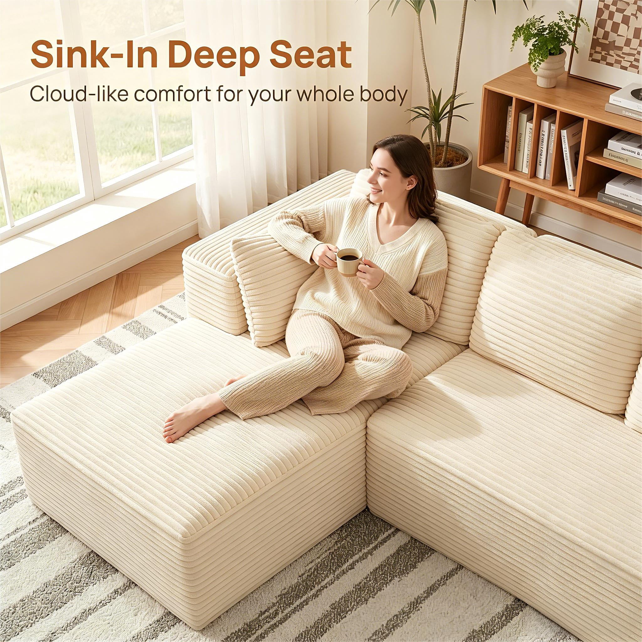 Sofa Couches, Lofka 105" L Shaped Sectional for Living Room, No Assembly Boneless Deep Seat, Beige Corduroy