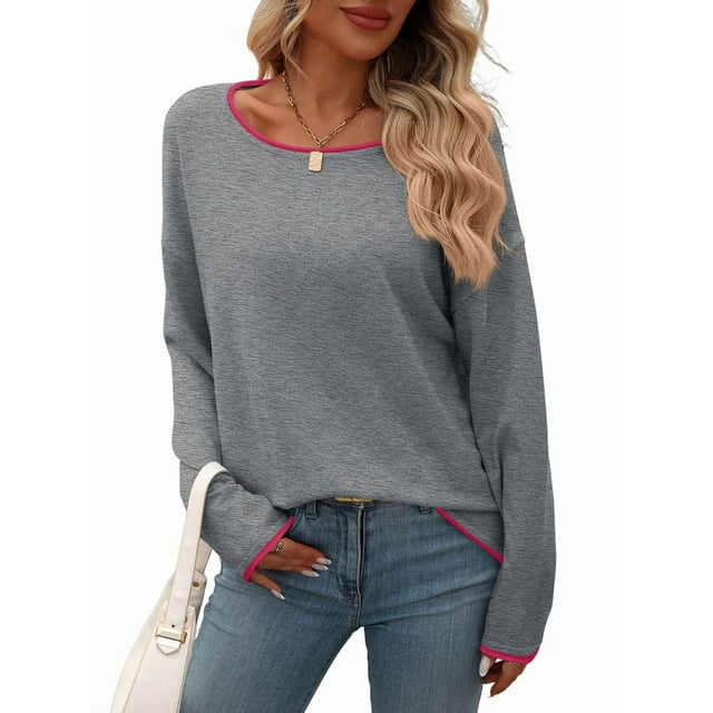 Chandails d'Automne pour Femmes 2025 Décontractés à Col Rond Contrasté à Manches Longues en Tricot Pulls Hauts Gris G