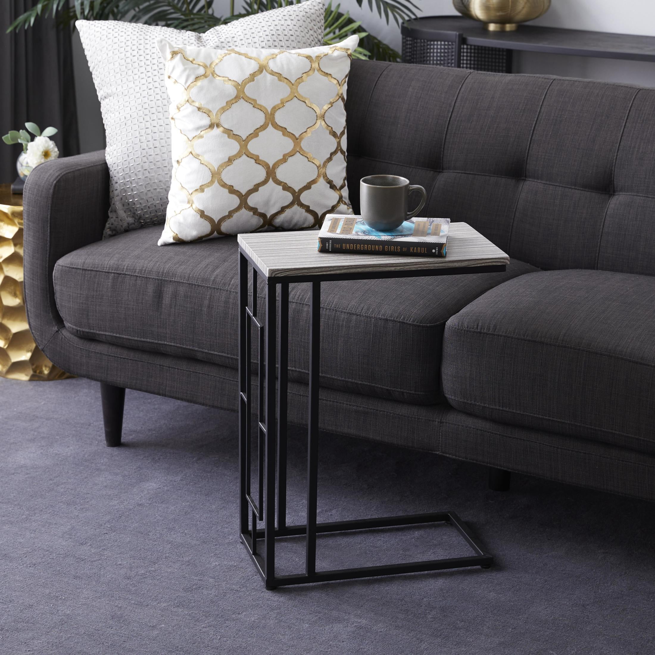 DecMode 10" x 26" Light Brown Metal C-Shaped Accent Table with Black Metal Base, 1-Piece