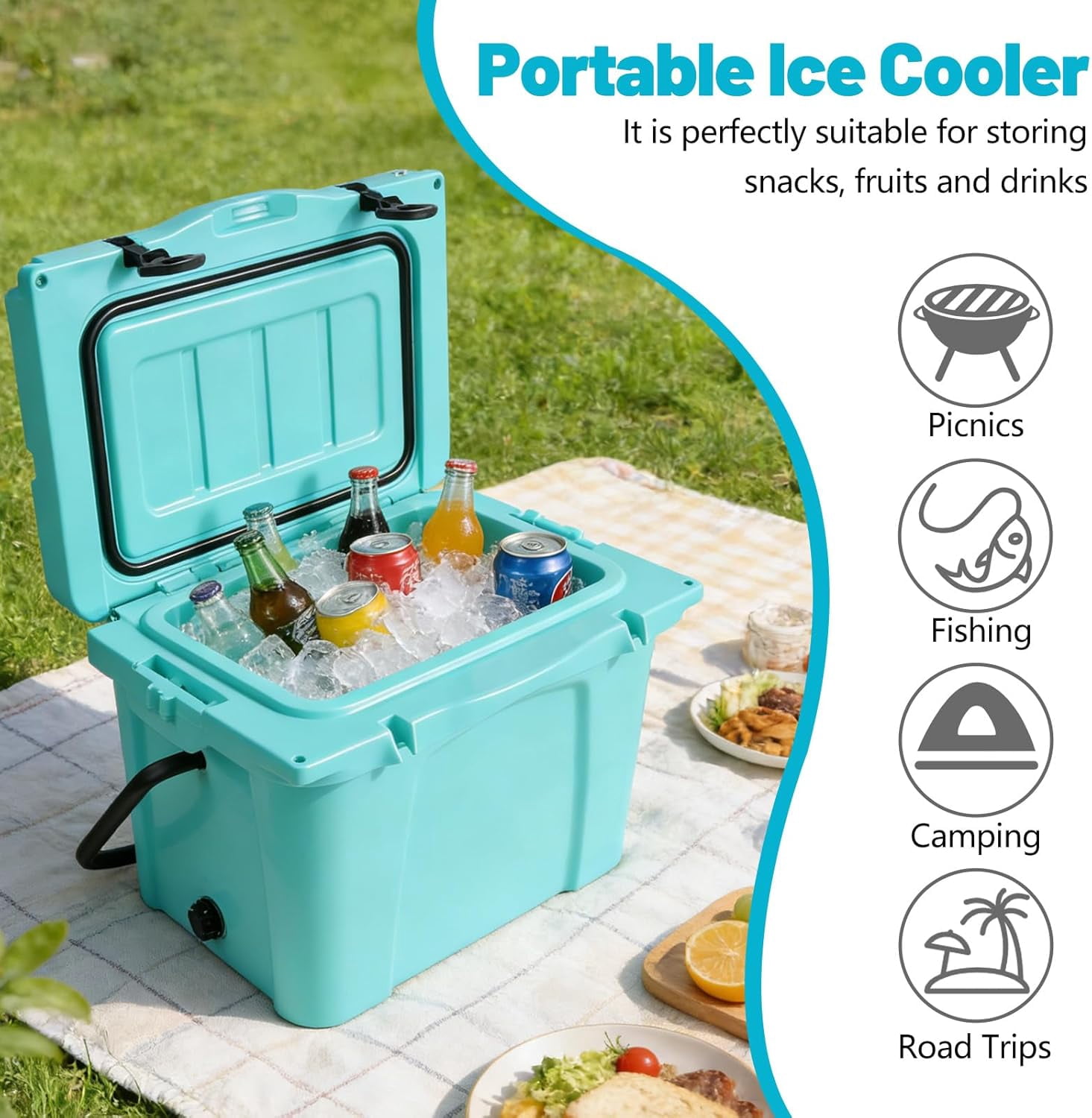 Elleree 25 Quart Cooler, Portable Ice Chest with Bottle Opener, Forming Ruler, Outdoor Camping Cooler Box for Fishing/Beach/Picnic