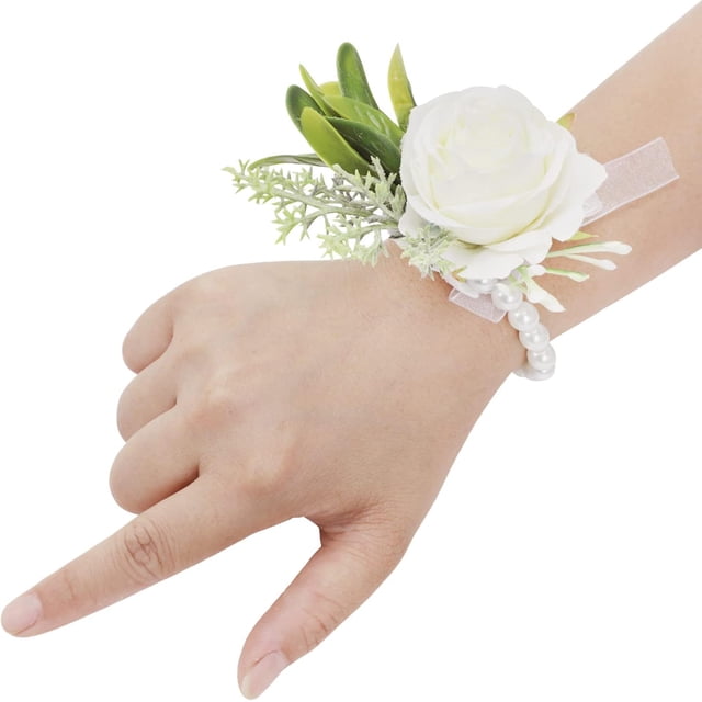 1 pulsera de boda con rosas para novia, pulsera hawaiana bohemia de playa, pulsera de boda para mujer (blanco con perla) ER