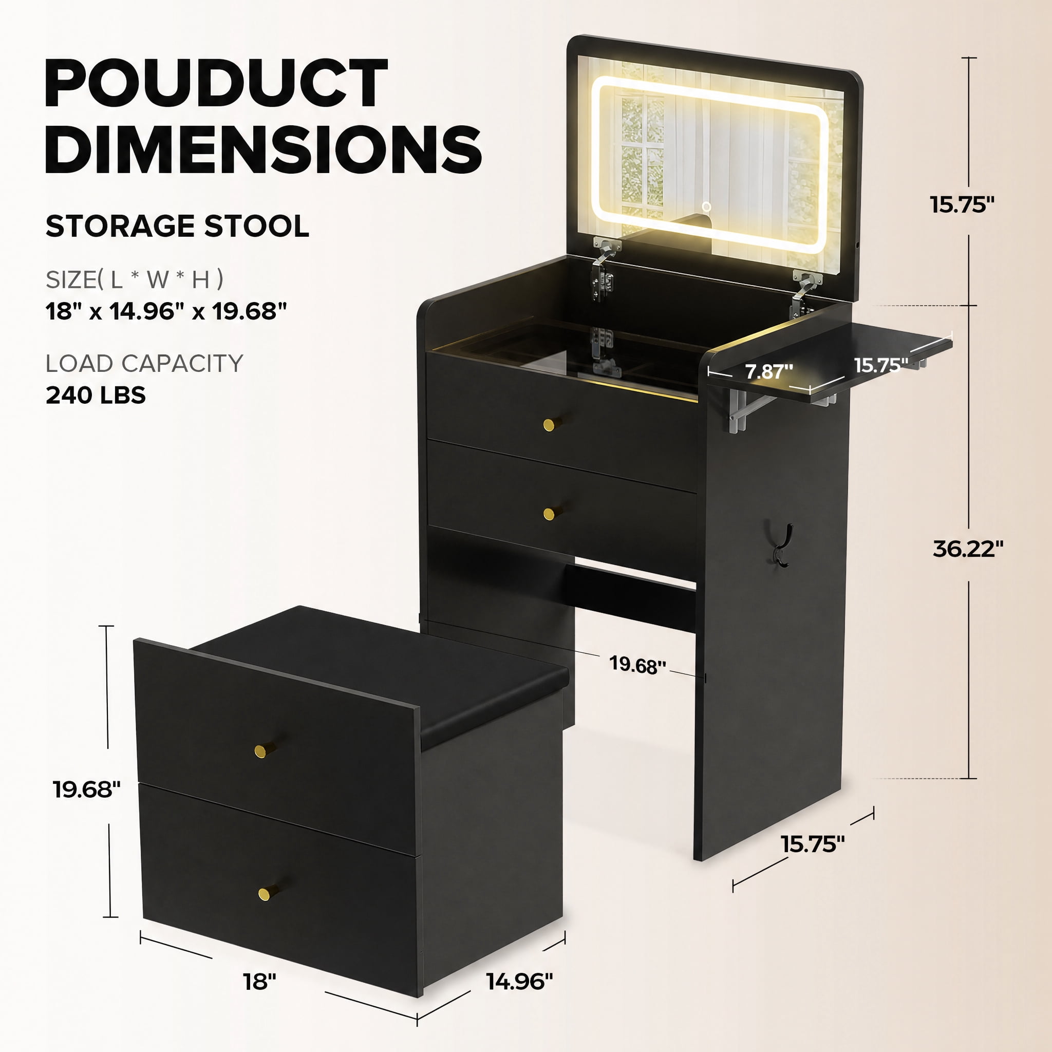 LUCKLIFE 3-in-1 Makeup Vanity Set with Lighted Flip Top Mirror & Storage Stool, Small Space Dressing Table with Foldable Side Tray, Glass Top Desk & Nightstand for Bedroom, Black