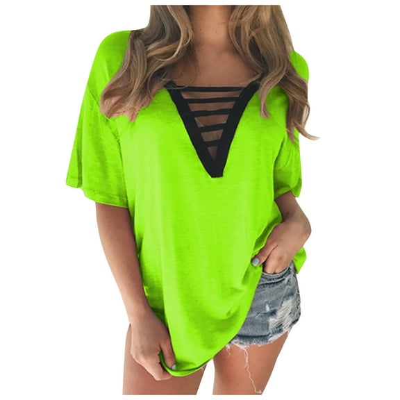 Mittory Women's Cutout Deep V Neck Choker Tee Short Sleeve Casual Blouse Summer Tunic Tops Shirts