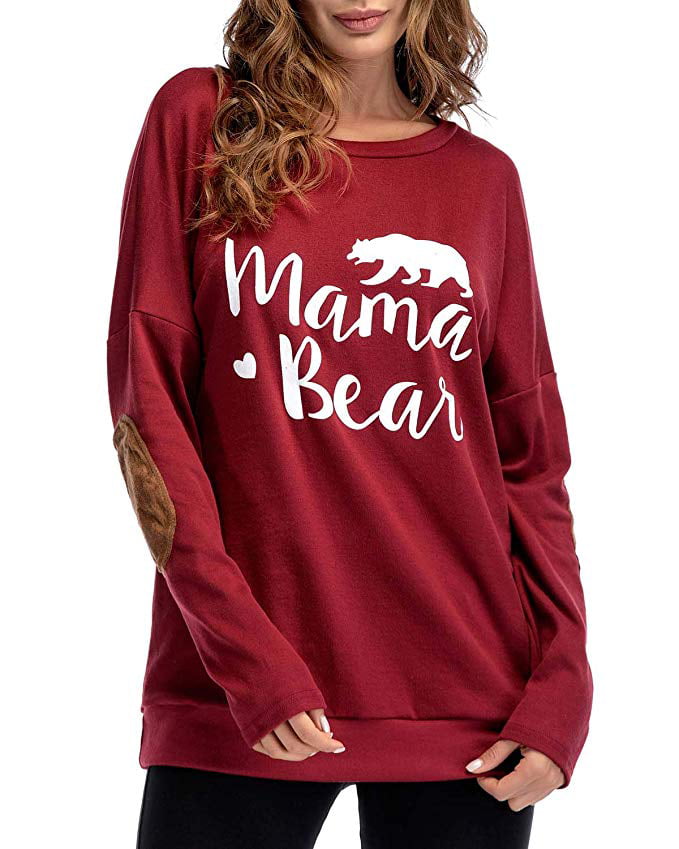 Sundray Womens Mama Bear t Shirt Round Neck Tops Letter Print Tunics Villus Patch Blouse 
