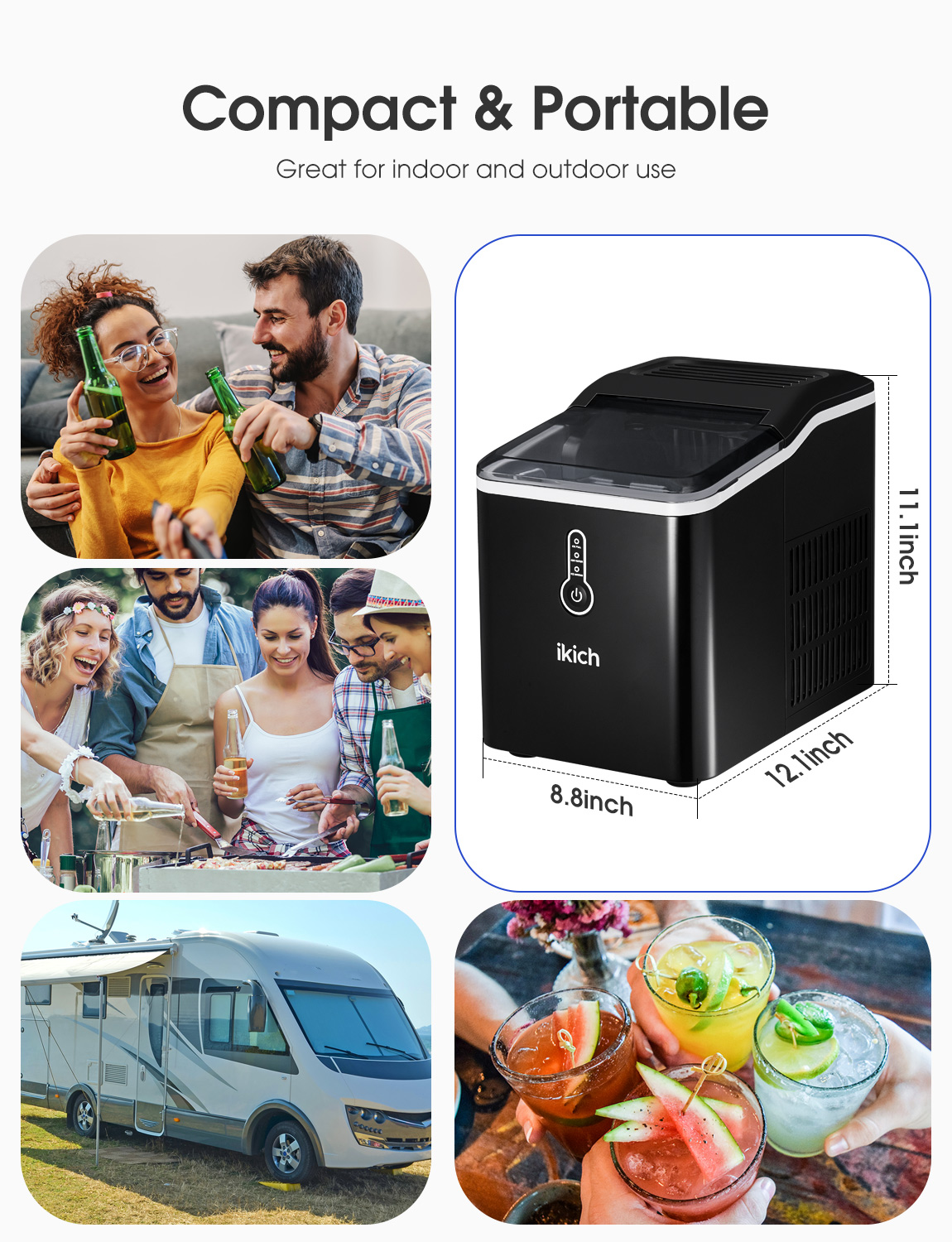 Ikich Portable Ice Maker Machine for Countertop, Self Cleaning, 26Lbs/Day, LED Indicator Lights, Black