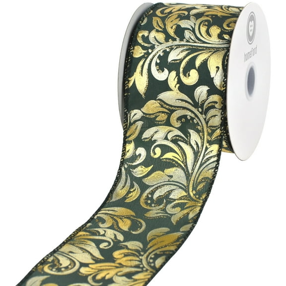 HOMEFORD Christmas Embossed Elegant Swirls Satin Wired Ribbon, 2-1/2-inch, 10-yard, Hunter Green