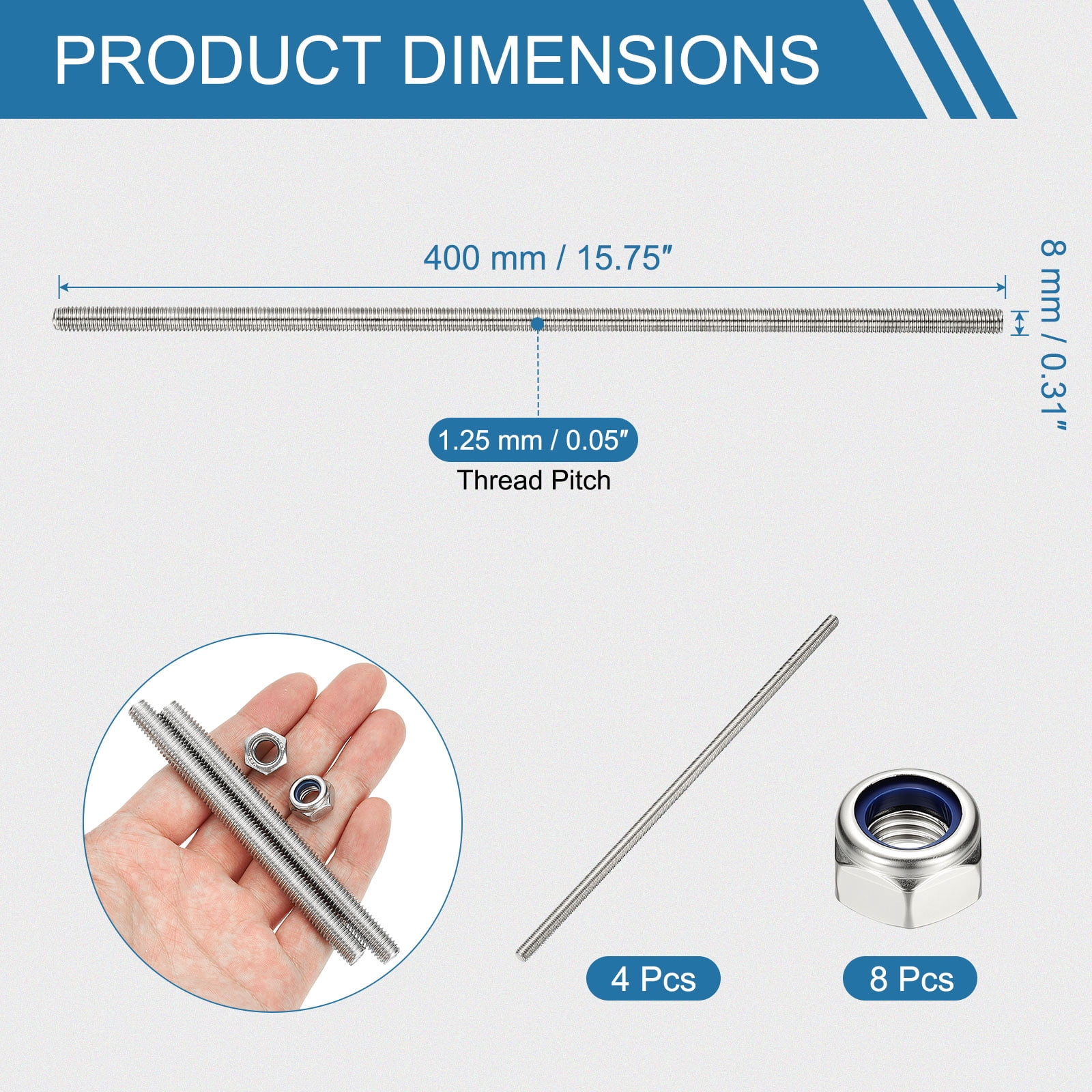 Uxcell Fully Threaded Rod, M8 x 400mm 304 Stainless Steel Right Hand Thread Bar Studs with Nuts, 4 Pcs