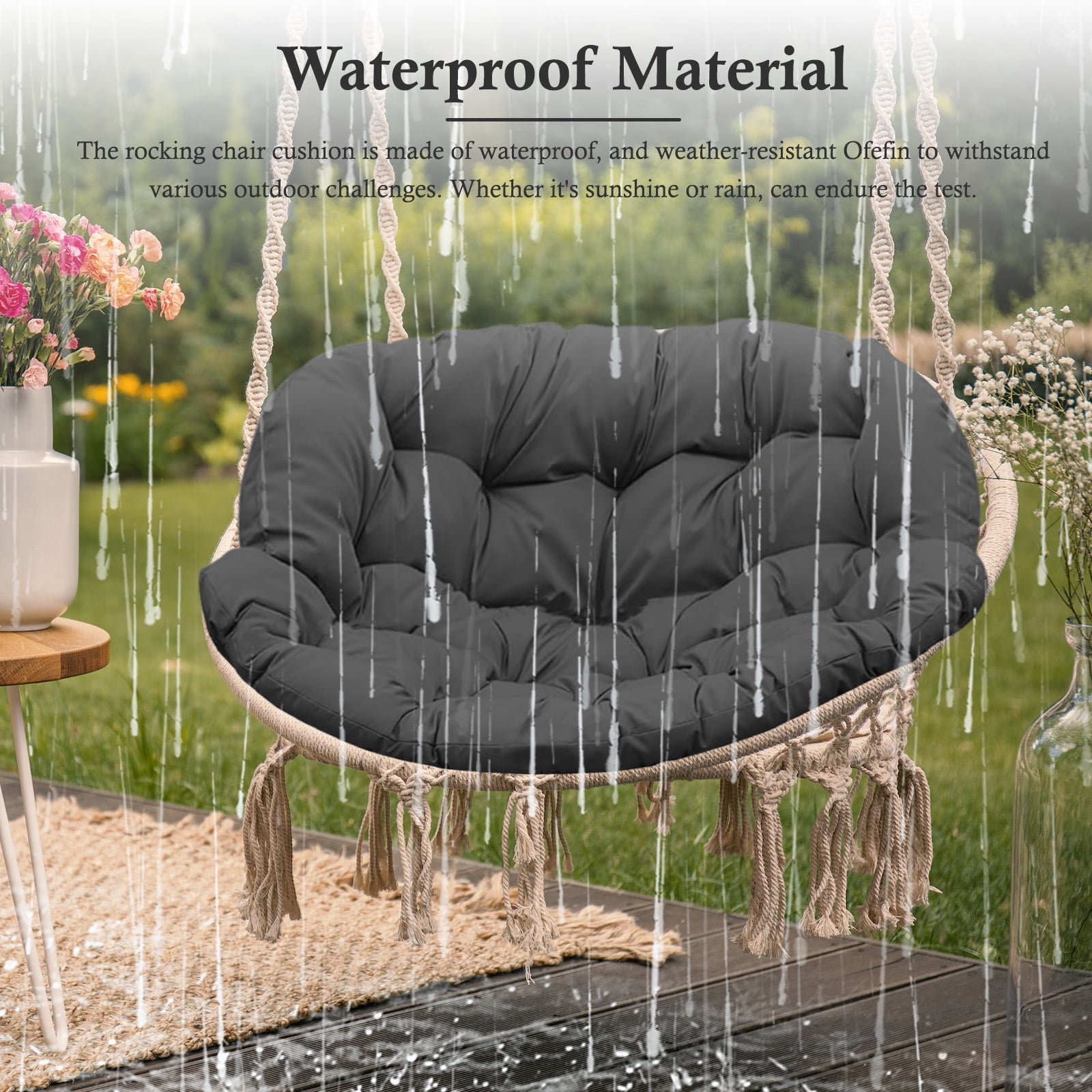 Egg Chair Cushion Replacement Waterproof – Outdoor Rocking Chair Cushions 6.3" Thick UV Resistant with 6 Straps for Patio, Balcony, Garden, Dark Gray
