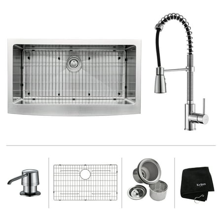 KRAUS 36 Inch Farmhouse Single Bowl Stainless Steel Kitchen Sink with Commercial Style Kitchen Faucet & Soap Dispenser in Chrome