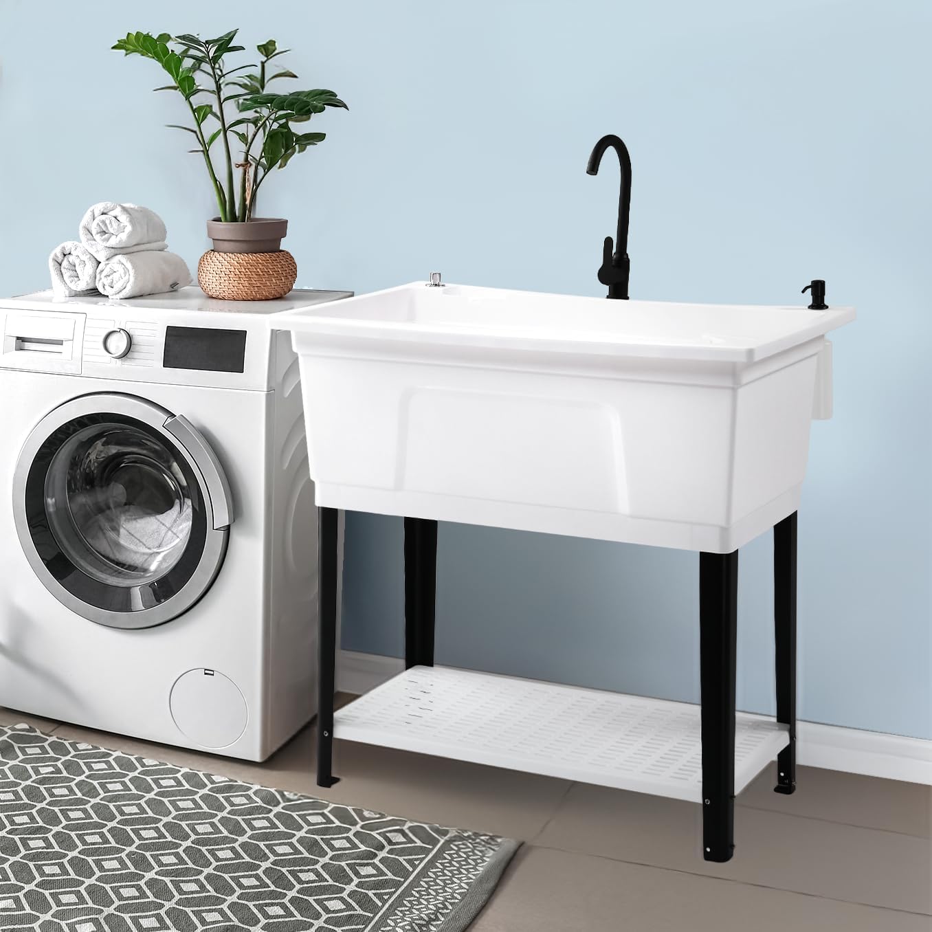 Ktaxon 27 Gallon Plastic Utility Sink with Hot/Cold Faucet, 36" Freestanding Laundry Tub with Iron Legs, Storage Shelf, Drain Board, Soap Dispenser and Pop-up Button for Bathroom, Laundry Room, White