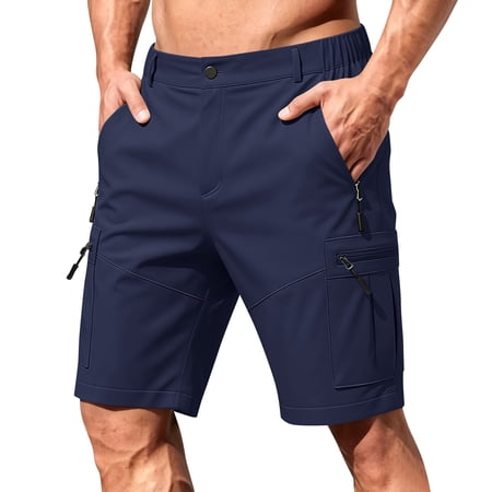 Mens Hiking Cargo Shorts with 5 Zipper Pockets Quick Dry Lightweight Casual Work Shorts for Men Golf Fishing (Navy L)