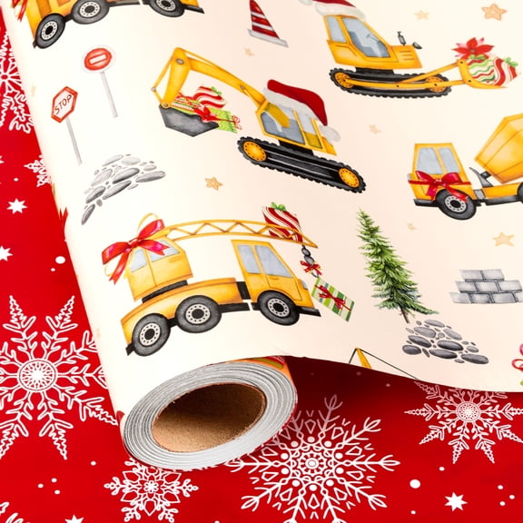 Burymento Construction Christmas Wrapping Paper Roll for Kids, Funny Construction Trucks Christmas Wrapping Paper, Reversible Red Snowflake Xmas Gift Wrap for Holiday, Packaging (17 Inch X 32.8 Feet)