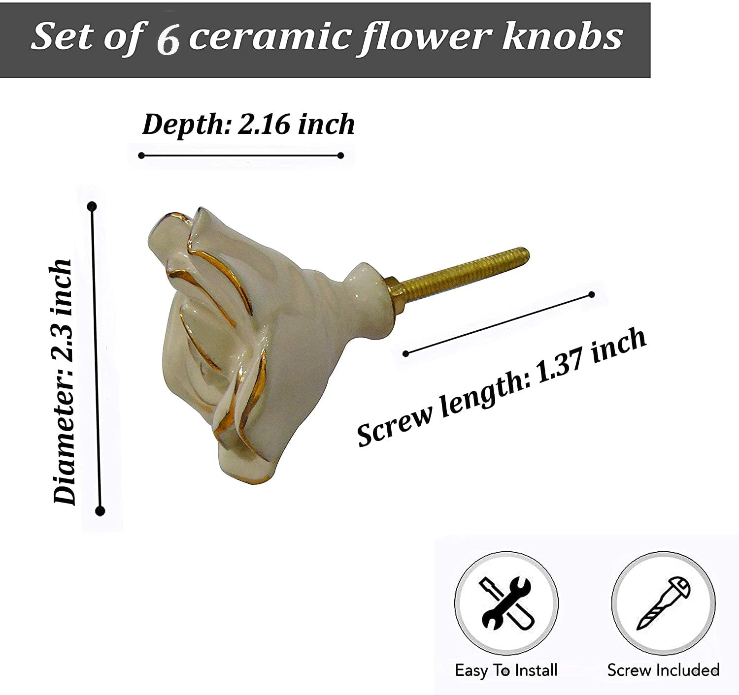 Set Of Six Off White Rose Flower Ceramic Knobs Pull And Push For Handles, Cabinet, Drawer, Door, Wardrobe, Home Interior Decorative Item
