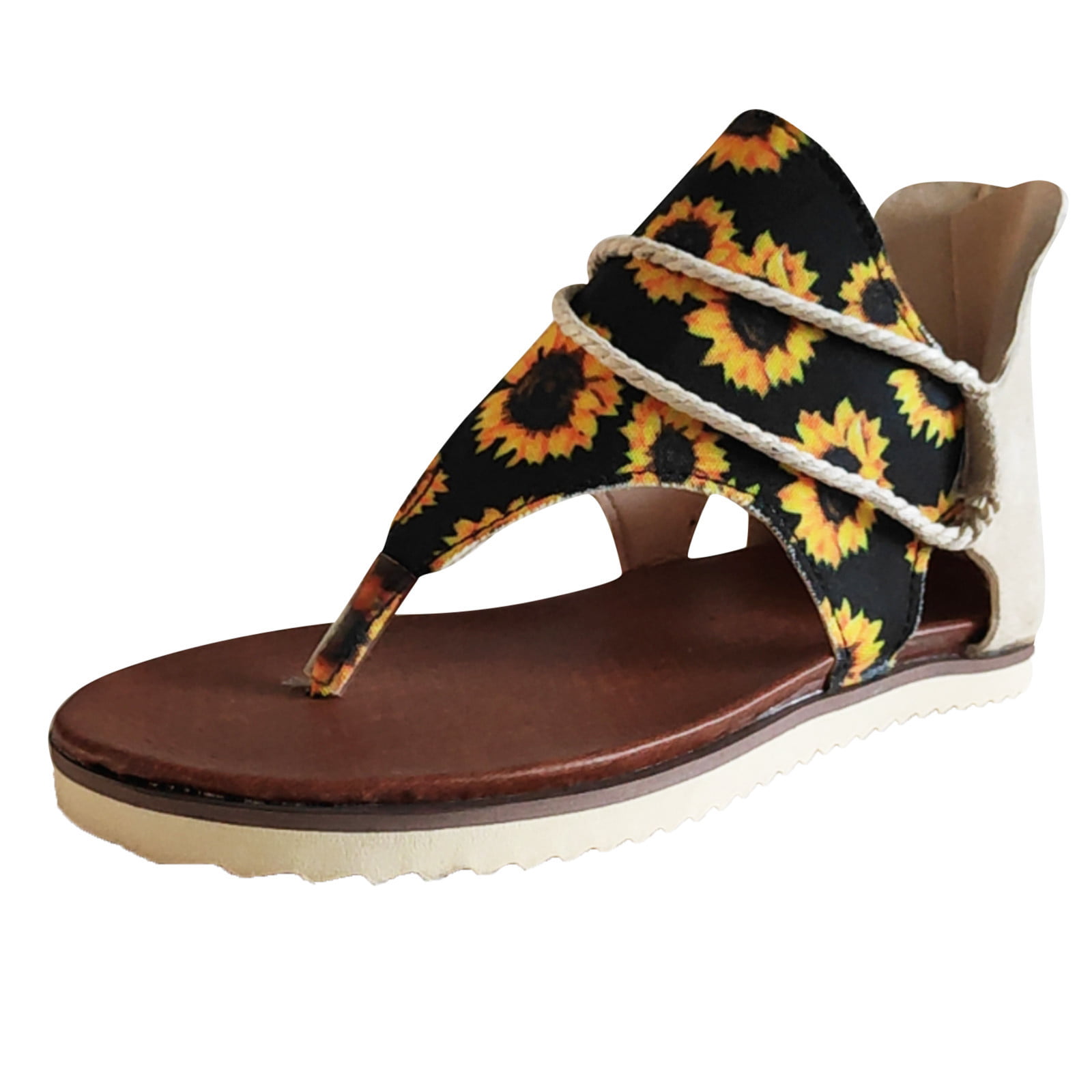 Womens Summer Sunflower Printed Flat Sandals Casual Comfy Travel Beach Sandals Flip Flop Sandals cooki Sandals for Women 