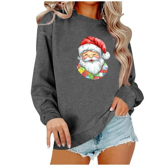 Christmas Santa Sweatshirt for Women Holiday Graphic Long Sleeve Crewneck Pullover Dark Gray XL