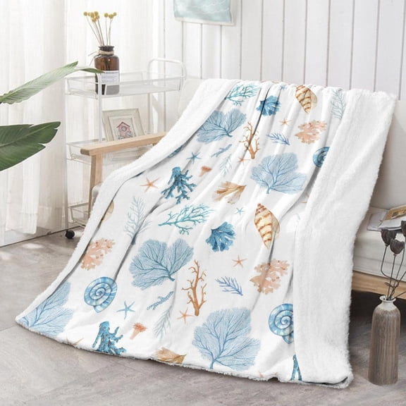 Coastal Throw Blankets Seashell Beach Nautical Themed Bed Blanket Winter Sherpa White Decorative Sofa Decor Gift Blanket 50x60 Inch