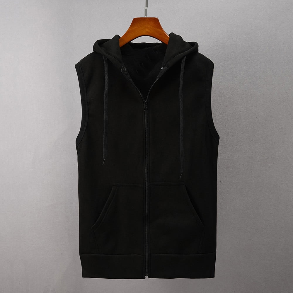WREESH Mens Sleeveless Sweatshirts Vest Casual Solid Hooded Vest Drawstring Zipper Workout Outerwear Vest Black