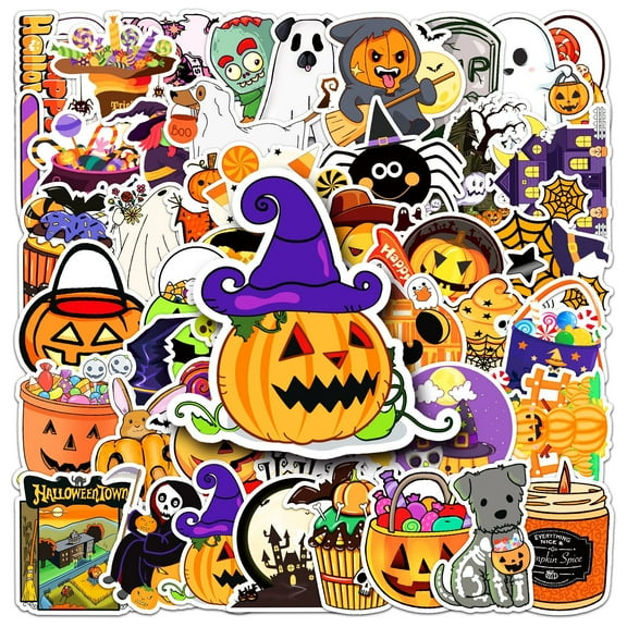 Halloween Stickers, 50Pcs Halloween Pumpkin Theme Stickers Bulk, Vinyl Waterproof Halloween Holiday Party Stickers, Halloween Holiday Gifts for Kids Teens Adults