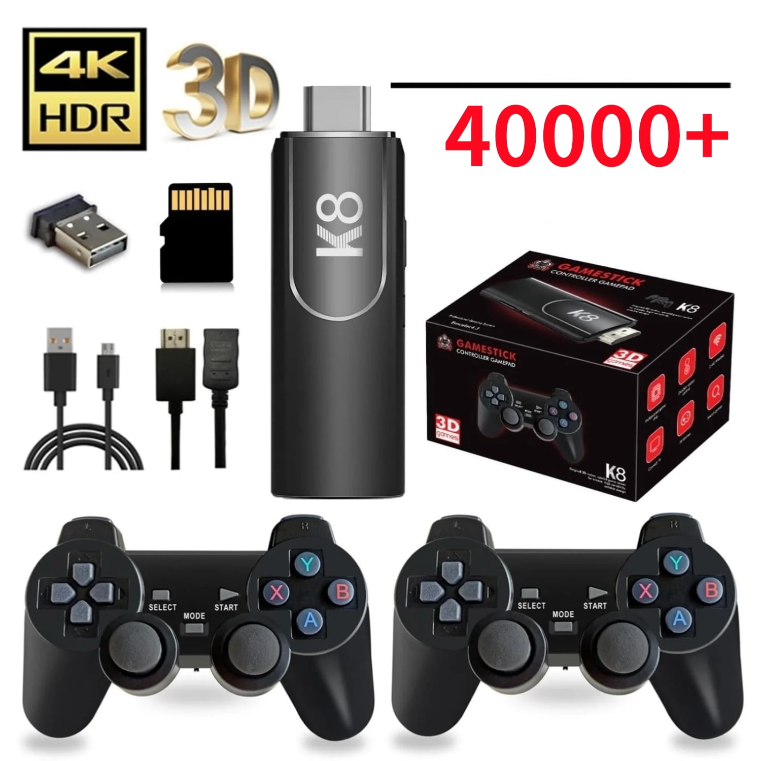 ZYTKWT K8 Retro Gaming Stick, 4K HDMI Output, Dual 2.4G Controllers, Plug-and-Play Video Game System for TV, 64G