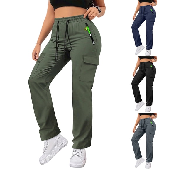 Wutalume Women's Drawstring Work Pants - Cargo Wide Leg Trousers with Pockets, Casual Loose Fit for Outdoor and Daily,Army Green L
