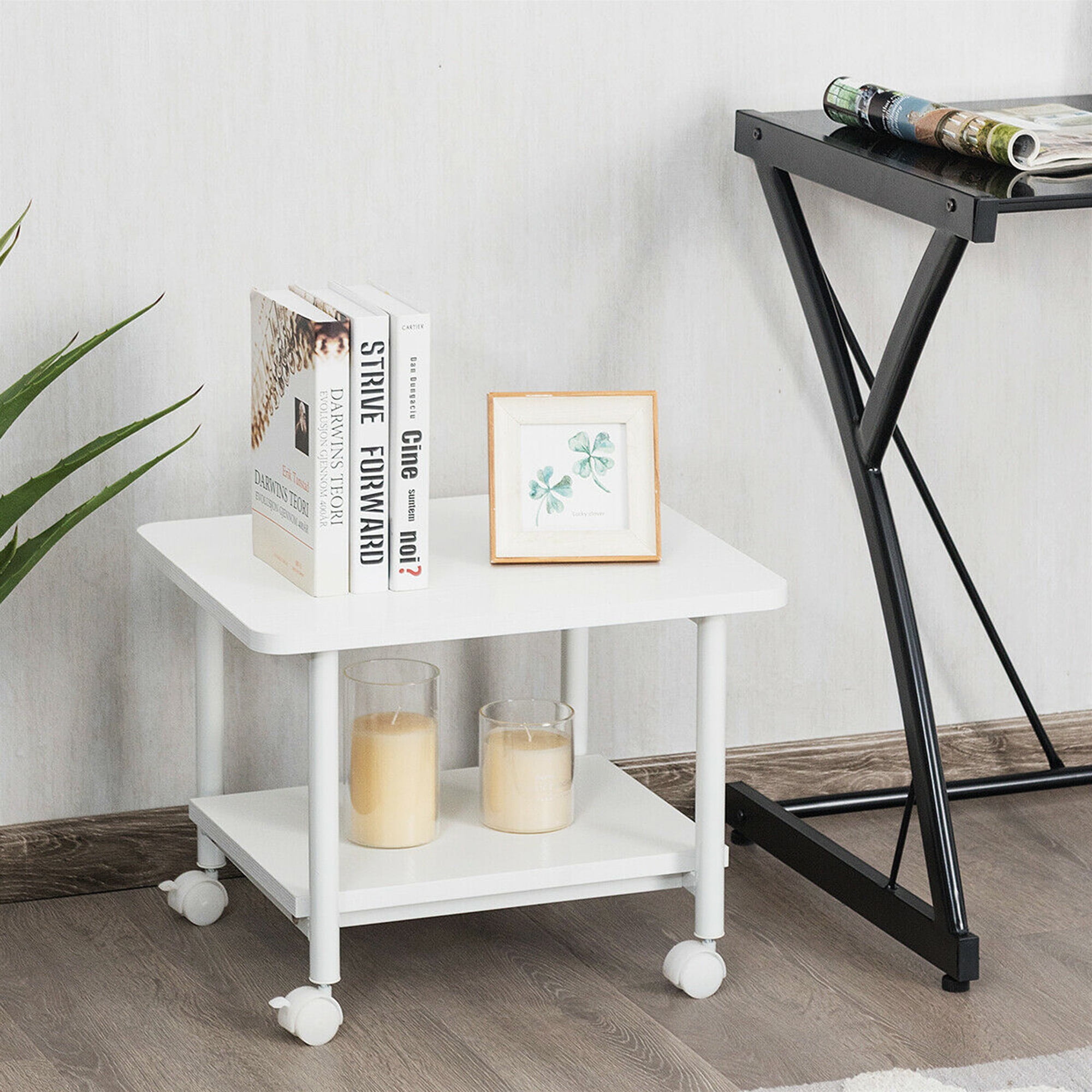 Gymax 2-Tier Machine Stand Storage Rack Rolling Under Desk Printer Cart White