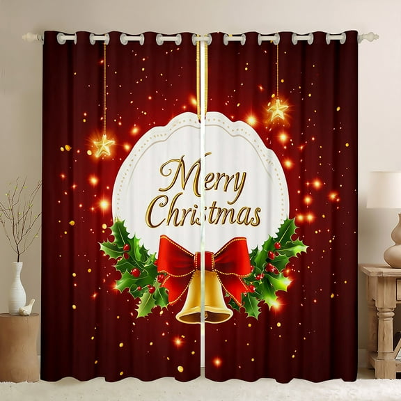 jejeloiu Merry Christmas Blackout Curtains,Red Bowtie Gold Bell Curtains Pack of 2 (38x45 Each),Xmas Berry Window Curtains For Girls,Super Cozy Room Decor