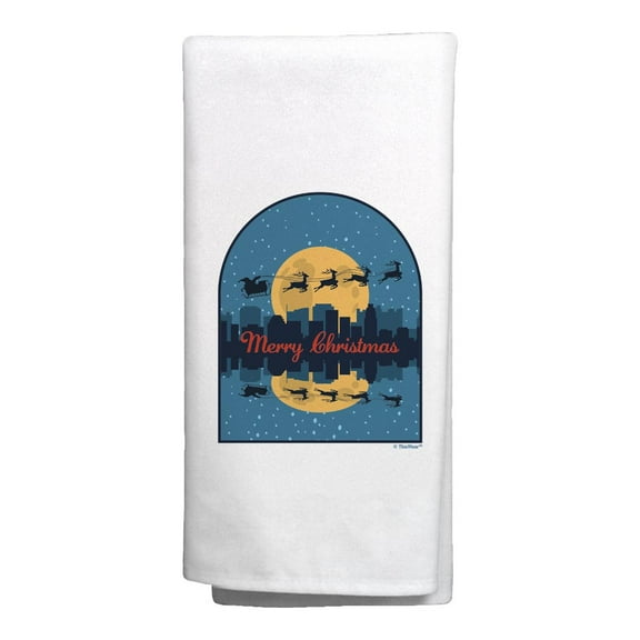 ThisWear Reindeer Christmas Decoration Santa Flying Over Cityscape Merry Christmas Decorative Kitchen Towel White