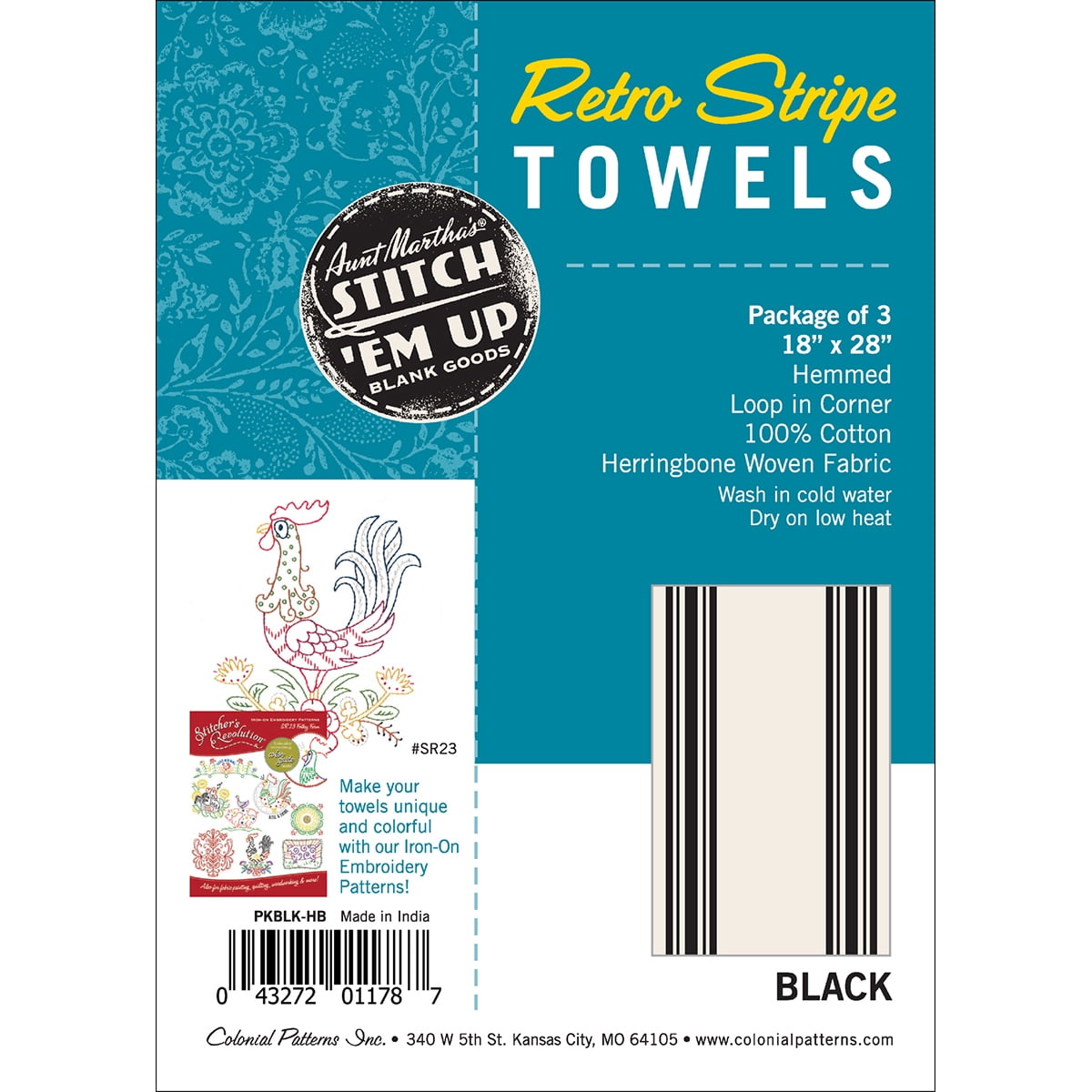 (2 pack) Aunt Martha's Retro Black Herringbone Striped Dish Towels Pkg of 3 Size 18"x 28"