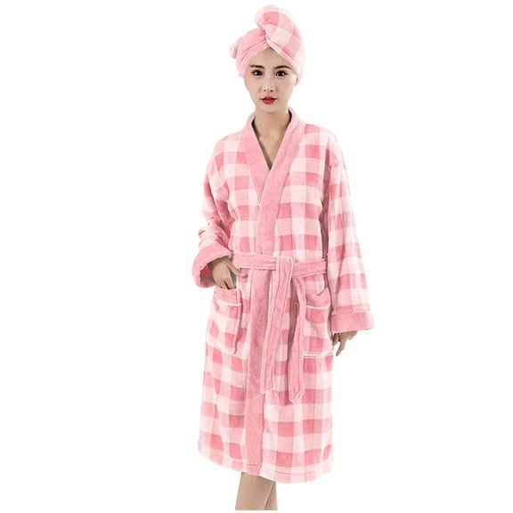 successthop Fuzzy Robes for Women and Shower Cap FLeece Soft Bathrobe Belted Winter Plaid Sleepwear with Pockets Pink