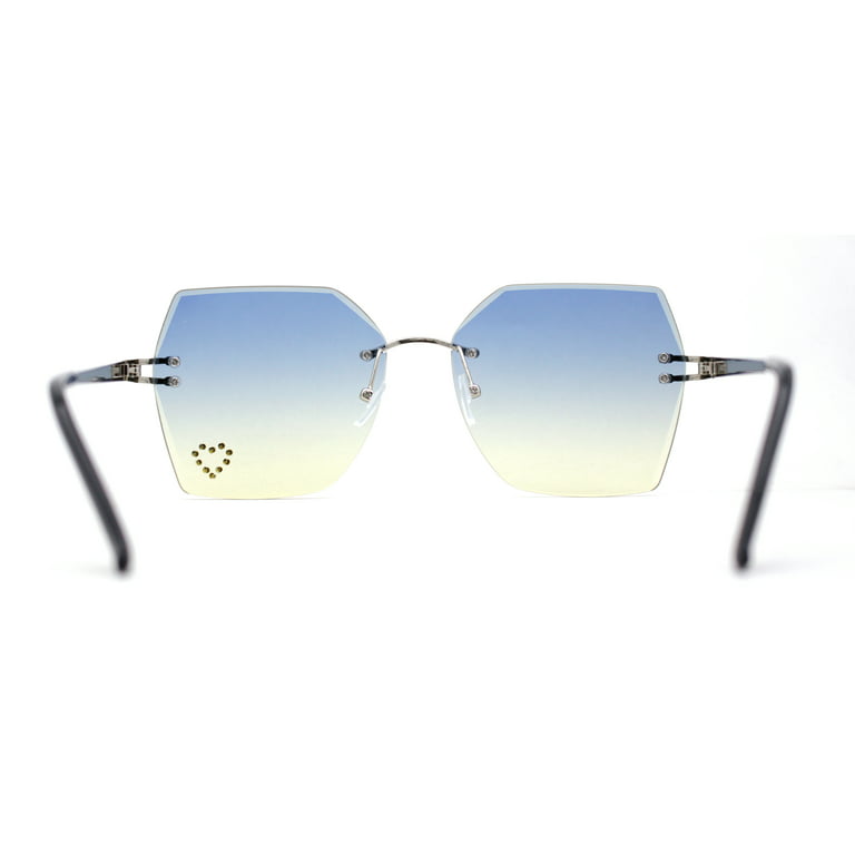 SA106 Womens Rhinestone Heart Lens Bling Rimless Butterfly Chic Sunglasses Silver Blue Yellow, Women's, Size: One Size