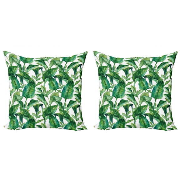 Ambesonne Leaf Throw Pillow Cover 2 Pack, Watercolored Banana Tree, 18", Forest Green Dark Green