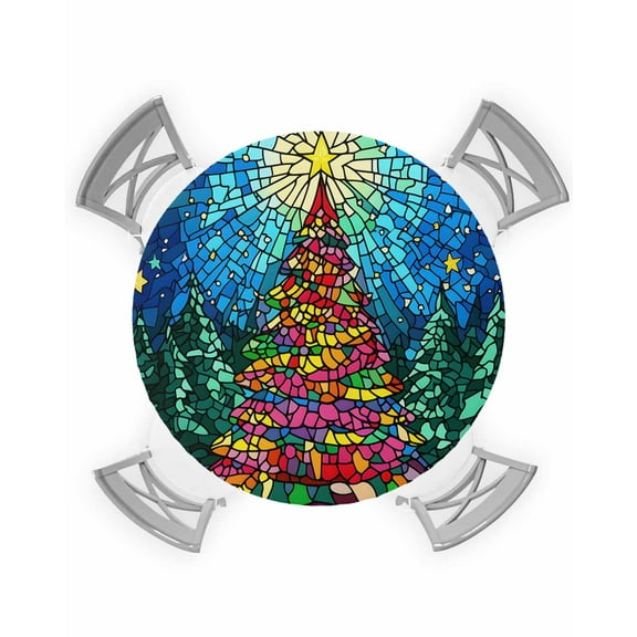 nqOlkjepod Colorful Christmas Tree Round Tablecloth, Fitted Table Cover with Elastic for 55"-60" Round Tables, Xmas Tree Star Geometric Table Cloth Outdoor Dinning Party Waterproof Tablecloths