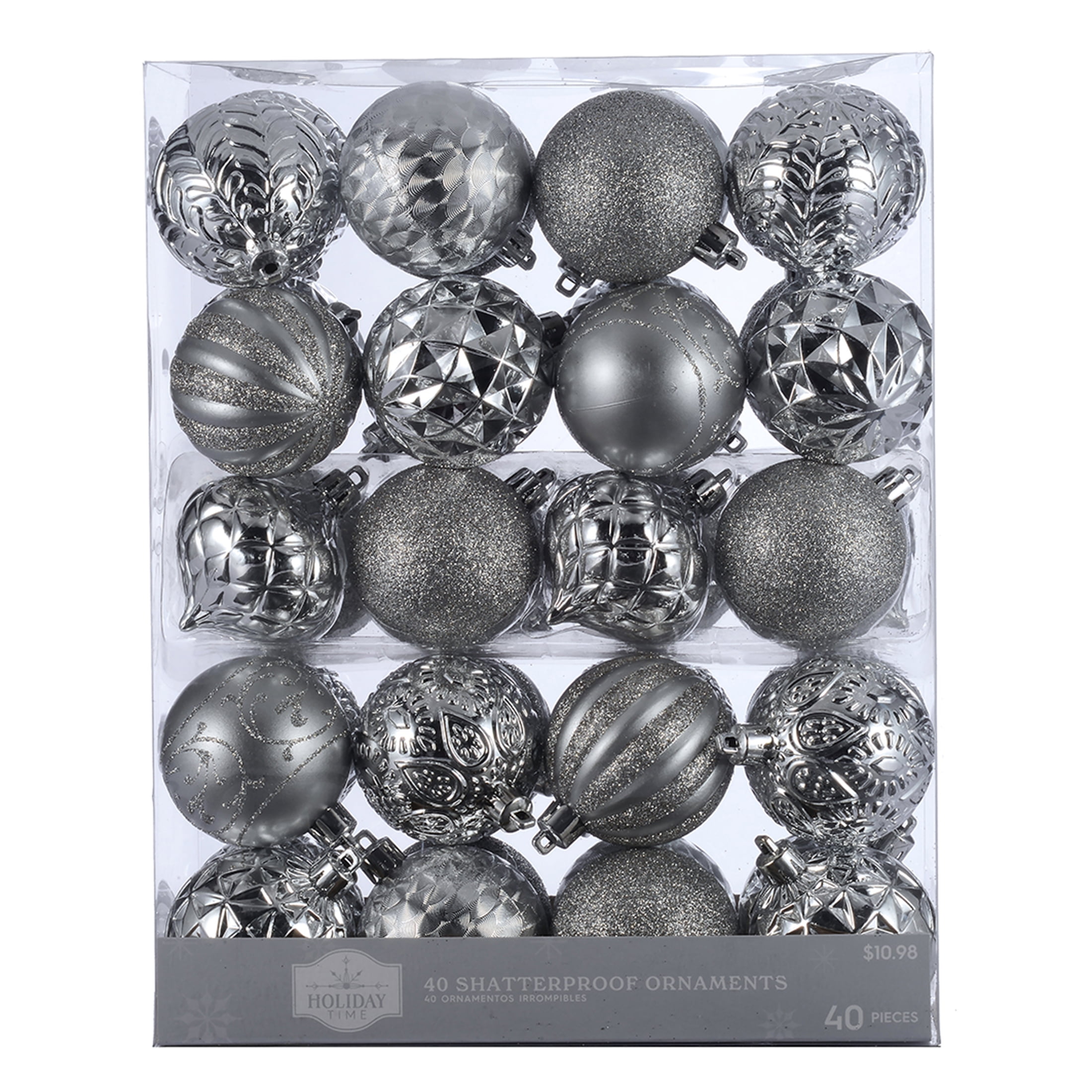 Holiday Time 60 mm Christmas Shatterproof Ornaments, Metallic Silver, 40-Count