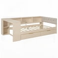 thumbnail image 4 of Twin Size Wood Platform Bed with Storage Shelves, Charging Station and Upholstered Headboard, Cream, 4 of 12
