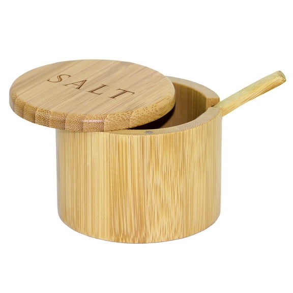Totally Bamboo Salt Cellar with Magnetic Swivel Lid, "Salt" Engraved on Lid with Bamboo Spoon