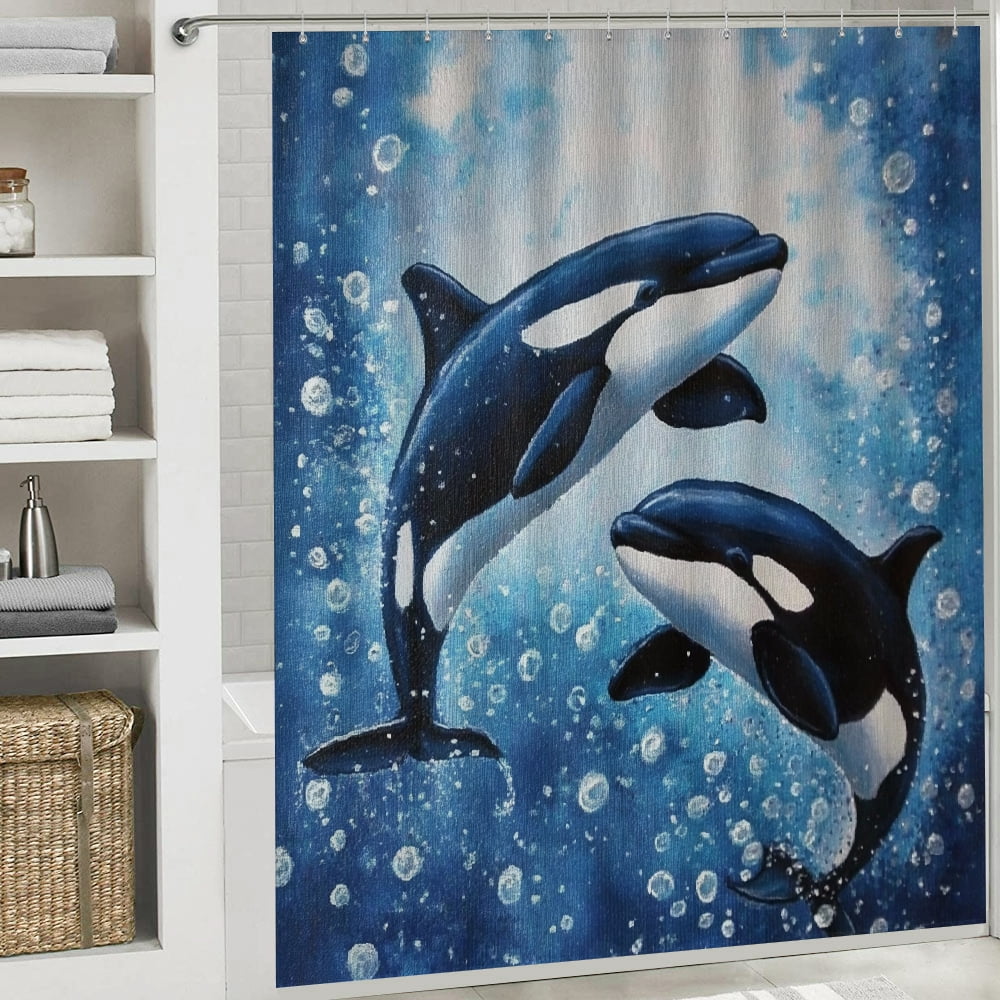 Patifu Orca Whales Water Bubbles Bathroom Shower Curtain Set with Hooks 100% Polyester Fabric 69"x72
