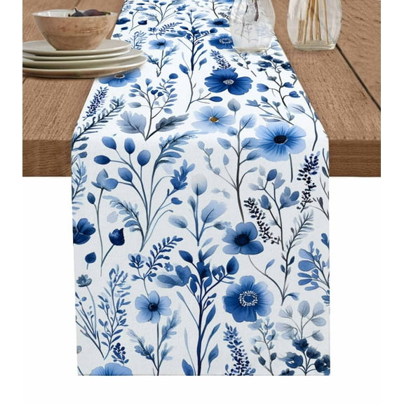 Table Runner Dresser Scarf 13 x 70 Inch Spring Watercolor Blue Flower Eucalyptus Leaves Floral Table Runners Non-Slip Heat Kitchen Dining Table Decor for Indoor Outdoor Home Party Decoration
