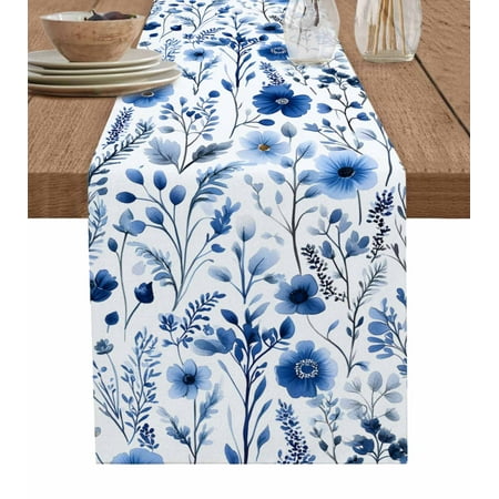 

Table Runner Dresser Scarf 13 x 72 Inch Spring Watercolor Blue Flower Eucalyptus Leaves Floral Table Runners Non-Slip Heat Kitchen Dining Table Decor for Indoor Outdoor Home Party Decoration