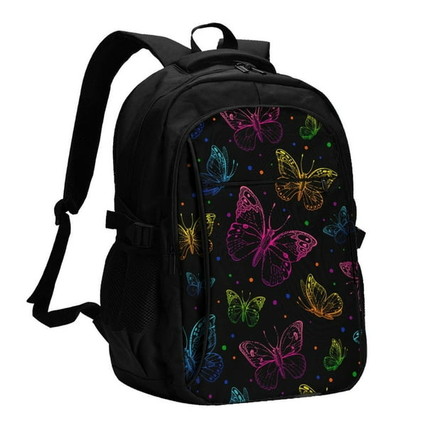 Balery Butterfly Mochila con carga USB para hombre y mujer - Mochila impermeable y antirrobo para laptop con puerto USB para viajes, trabajo