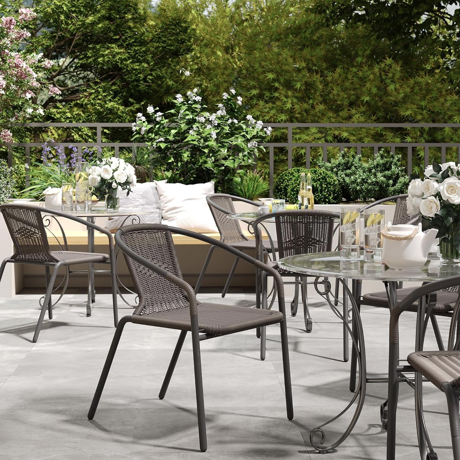 Poteban Patio Chairs Set of 4, Outdoor Dining Chairs Wicker Stackable Patio Chairs, for Indoor Restaurant Porch, Lawn Garden Backyard Deck, Grey