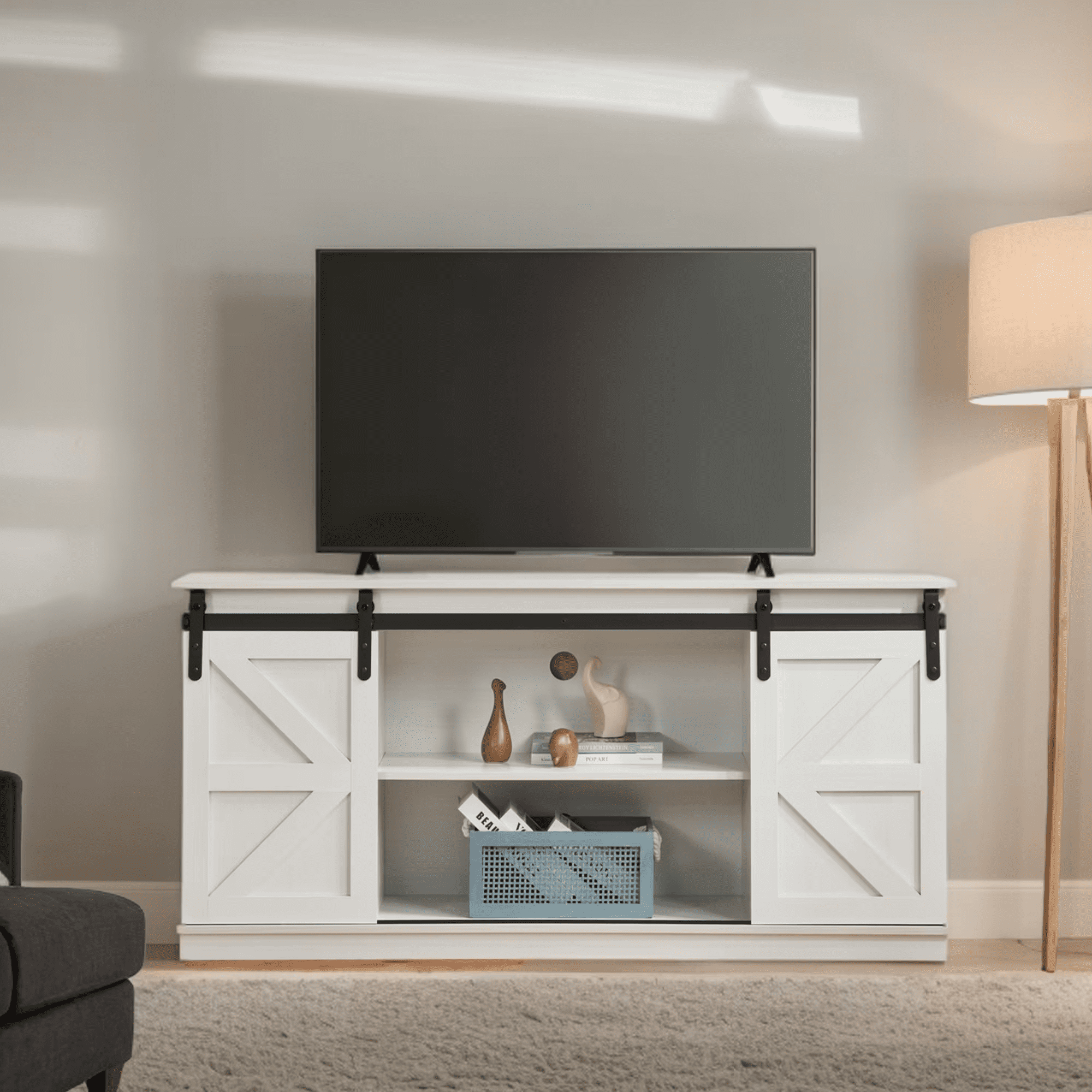 MAYEERTY 58" Farmhouse TV Stand with Sliding Barn Doors, Storage Cabinets for TVs Up to 65", White