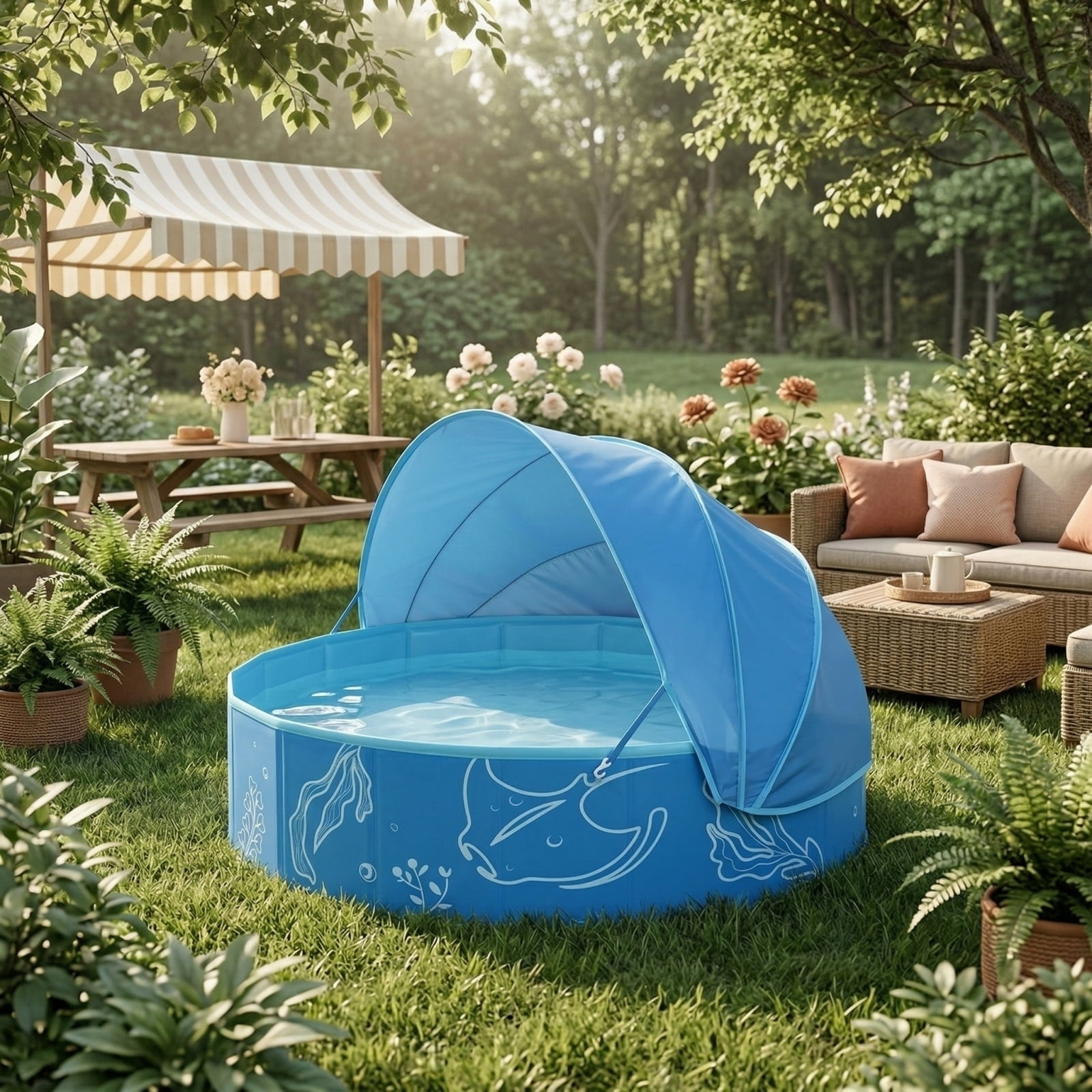 Foldable Kiddie Pool with Canopy,kids pool,Kids Family - Summer Water Play Pool with Shade - Portable for Outdoor Backyard Beach (Green)