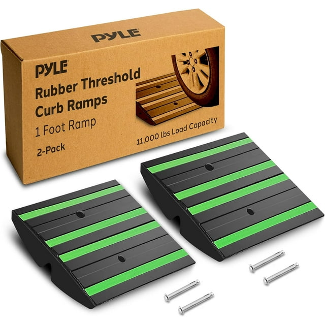 Pyle 1 Ft. Rubber Threshold Curb Ramp - Heavy Duty Non-Slip Rubber, Easy Mounting with Expansion Screws, Green Reflective Strips - Ideal for Driveways, Sidewalks, and Vehicle Ramps - 12.0"x16.0"x 2.6"