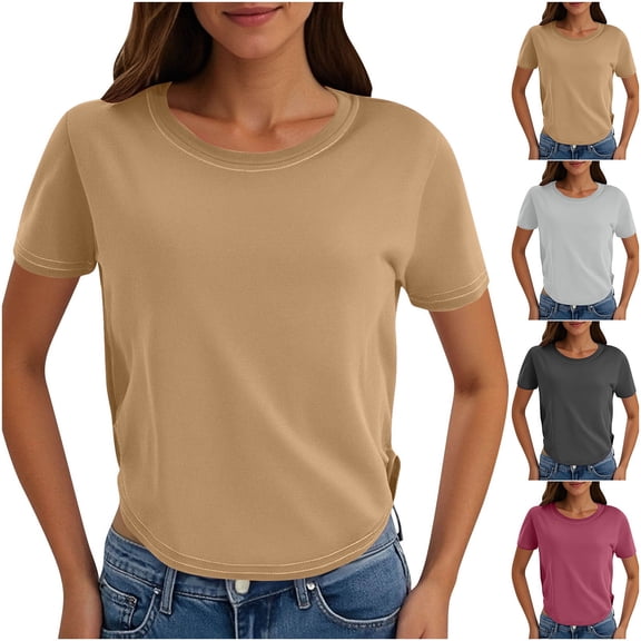 Womens Tops Slim Irregular Hem Short Sleeve Dressy Blouses Crew Neck Casual Loose Summer Shirts XS-XXL