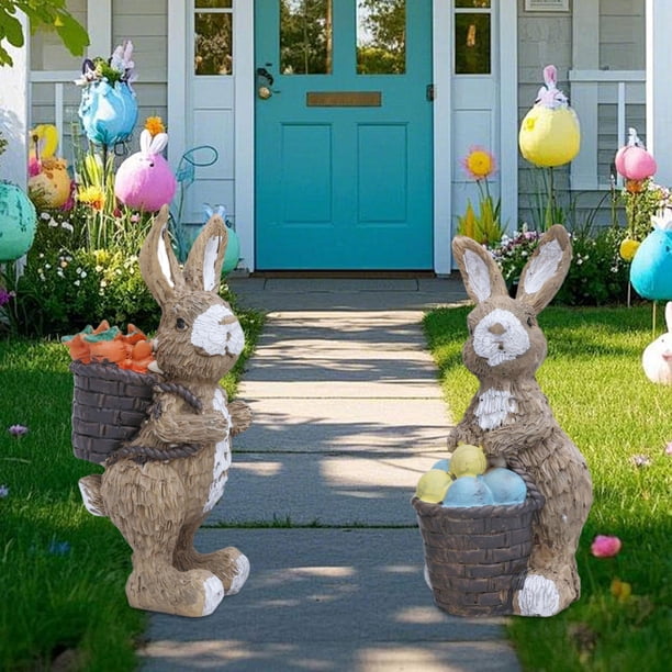 2 figuras de conejo de Pascua para decoración de , creativas y decorativas, de resina, para hogar, jardín, balcón, sala de estar y patio.