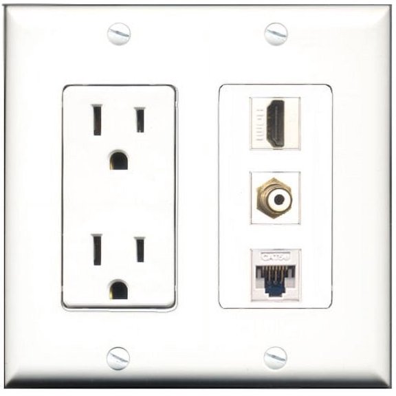 RiteAV - 15 Amp Power Outlet 1 Port HDMI 1 Port RCA White 1 Port Cat5e Ethernet White Decorative Wall Plate
